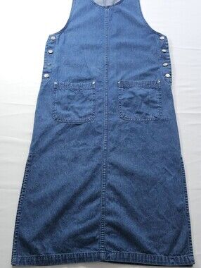 Vtg Zoey & Beth Denim Jumper Dress Women's Medium Blue Button Side Midi Pockets